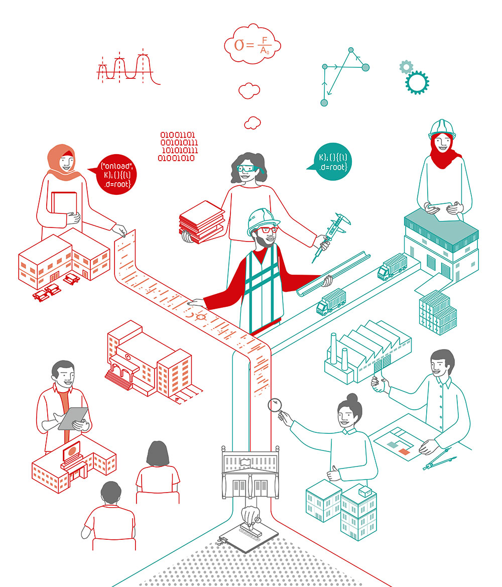 Close-up of an event roll-up banner featuring two people at the center representing collaboration between the public and private sectors. Surrounding them are illustrations of a factory with trucks, a vocational training school, a trainer conducting a session, and a building stamping a document labeled 'Certified'